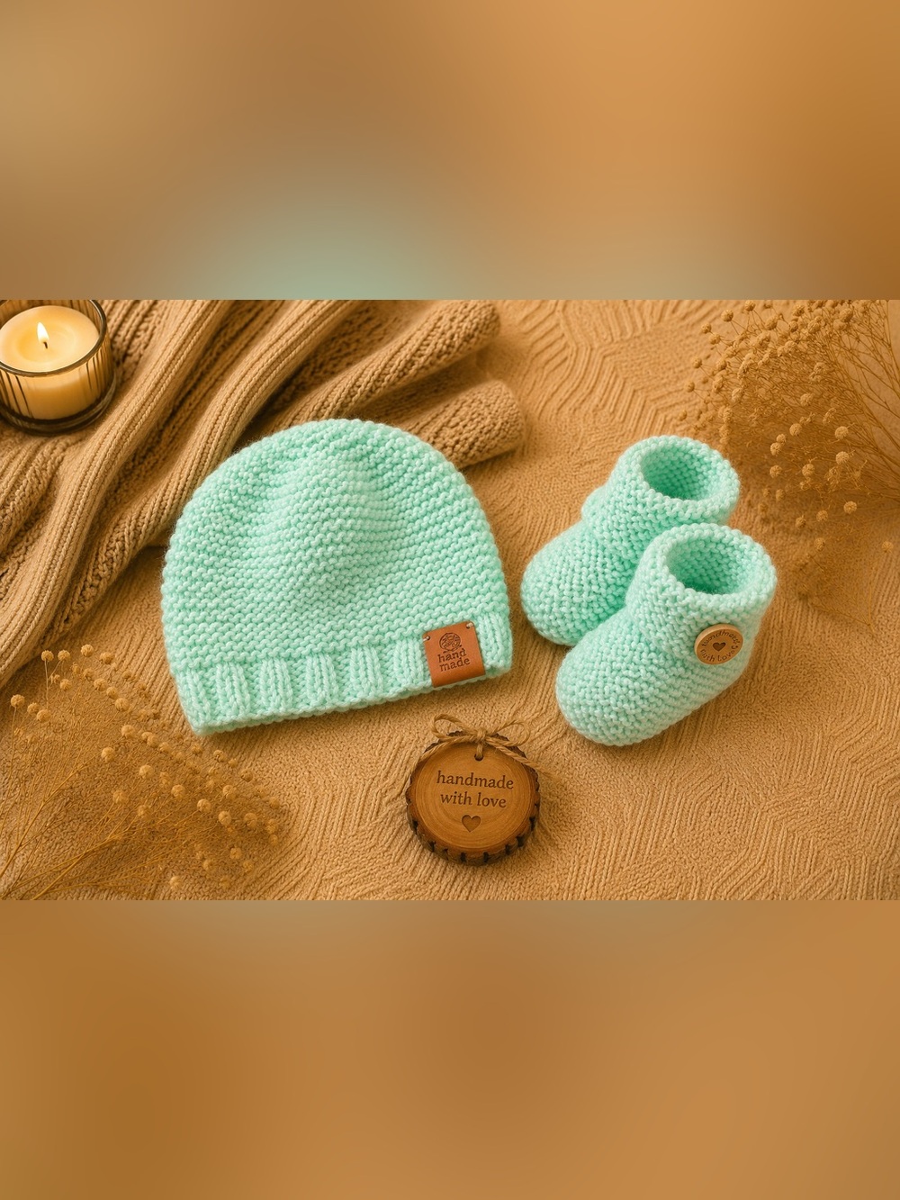 Handmade Mint Knit Baby Hat and Booties Set